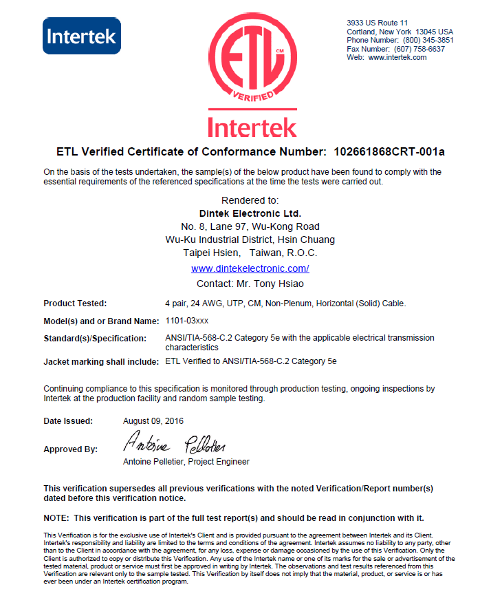 Chứng chỉ ETL cáp mạng DINTEK Cat5e UTP